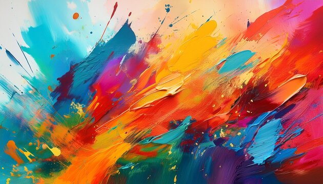 a colorful painting with a lot of brush strokes and splatters of paint the colors are bright and vibrant