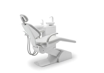 A white dental chair with attached equipment for examinations on a white isolated background studio shot