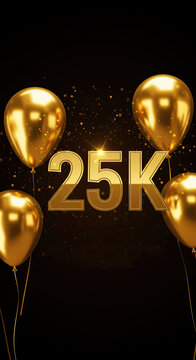 Golden celebration for 25k milestone achievement with balloons and glitter