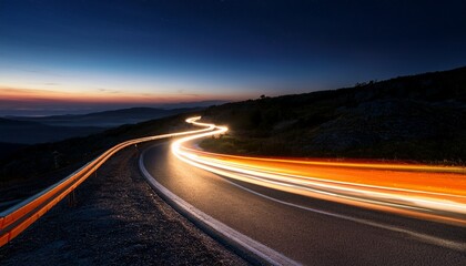 Fototapeta premium Cars orange and yellow light trails at night in a curve asphalt road at night. Neon concept