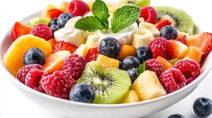 Woman enjoying a fresh fruit salad with yogurt, isolated on white background
