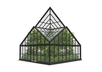 A pyramid shaped greenhouse with plants inside on a white background in a studio shot
