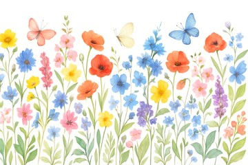 Fototapeta premium Watercolor painting of a vibrant wildflower meadow with colorful butterflies, perfect for spring and summer designs