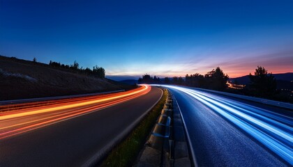 Fototapeta premium High speed motion blur. Concept of leading in business, Cars orange and blue light trails at night in a curve asphalt road at night. Hi tech products background. 