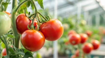 Fresh red tomatoes growing in greenhouse environment, showcasing healthy plants and vibrant produce