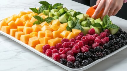 Person preparing a fresh fruit platter with melon and berries, isolated on white background