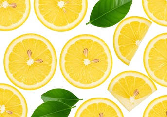 Obraz premium A vibrant pattern of lemon slices and green leaves scattered on a clean white background surface view