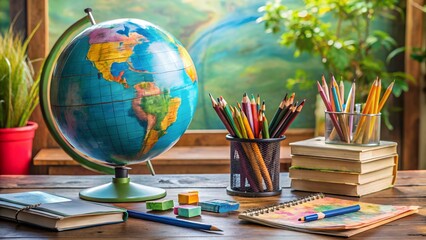 globe with pencils and textbooks on school desk concept.