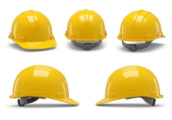 Fototapeta premium Various angles of yellow hard hats arranged on a white background in a studio setting display safety gear
