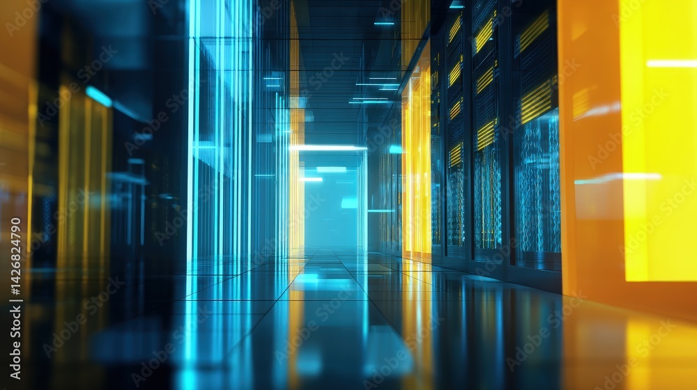 Poster abstract futuristic data center with glowing blue and yellow light reflections, ideal for cloud comp