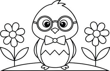 Outlined chick in glasses with a bow tie and daisy flowers