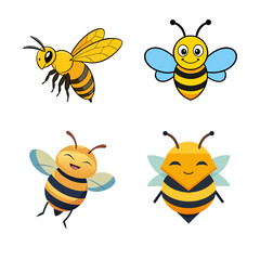 A cute yellow cartoon bee, a happy flying insect, carries honey from a flower