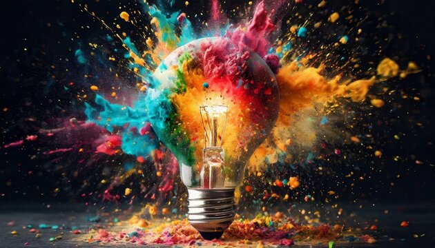 Lightbulb eureka moment with Impactful and inspiring artistic colourful explosion of paint energy	