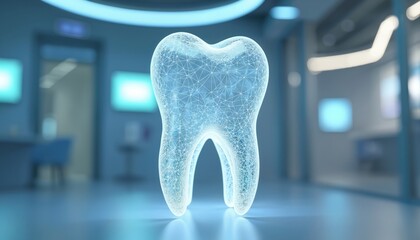3D tooth model in dental clinic interior, innovative health concept, modern tech. Digital visualization of teeth, dental care, treatment, surgery, oral hygiene, healthy smile. Advanced dentistry