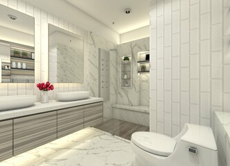 Modern 3D bathroom interior design with double sink cabinets and storage drawers. 