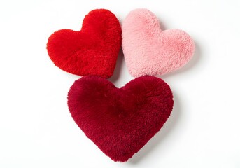 Obraz premium Three heart shaped plush pillows in red and pink arranged on a white background surface view from above