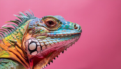 Fototapeta premium vibrant reptile with colorful scales against pink background