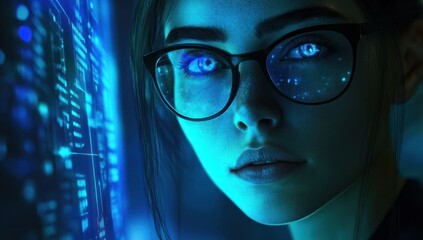 Woman with glasses looking at a screen displaying digital code in blue light.