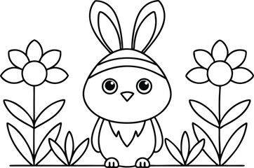 Cute Bunny Outline With Flowers Vector, Black and White Line Drawing for Coloring