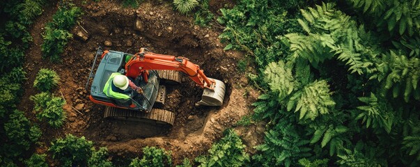 Mini excavator working in a landscaped garden.