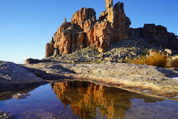 Rocky mountain with reflection in water, beauty in nature