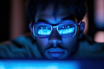 Man wearing glasses looking at a screen with blue light reflection.