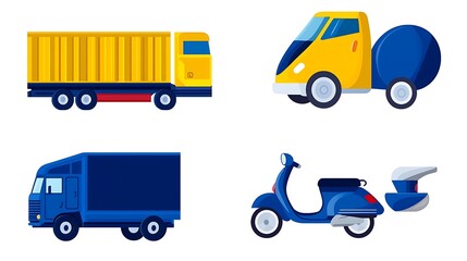 Illustration of various delivery vehicles trucks and scooter