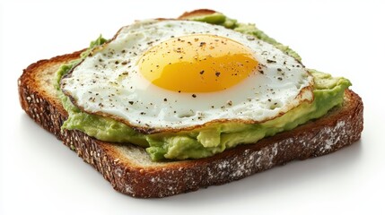 Woman preparing a healthy avocado toast with a sunny-side-up egg, isolated on white background