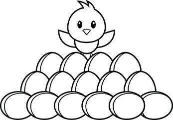 Chick on Eggpile Outline, Lineart Spring Theme, Cartoon Bird, Easter Holiday Art