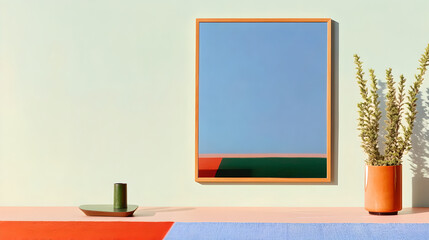 Abstract Geometric Print in Wood Frame with Greenery and Copper Tray