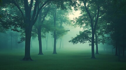 Fototapeta premium Misty Forest Green Trees Park.