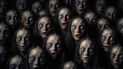 Crowd of horrified zombie faces with wide eyes in the dark