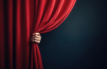 Hand pulls vibrant red velvet curtain revealing dark background. Stage setting concept theater show performance. Drama, mystery, anticipation, reveal something. Entertainment, modern simple design