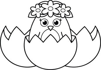 Hatching Chick with Flower Crown in Cracked Egg Outline Spring Line Art Design