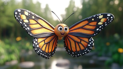 Fototapeta premium Happy cartoon butterfly flying in a forest, near a stream. Possible use children's book illustration