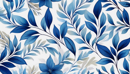 Fototapeta premium blue foliage pattern on white seamless design vibrant and fresh ideal for backgrounds and textile designs transparent format