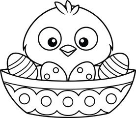 Outline Drawing of Cartoon Chick in Basket with Easter Eggs in Black and White