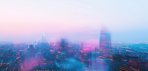 abstract cityscape with skyscrapers, double exposure photography, gradient background, light blue and purple color theme, blurred motion effect, white sky Generative AI