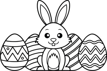 Easter Bunny Sitting near Decorated Eggs Isolated on White Background Line Art