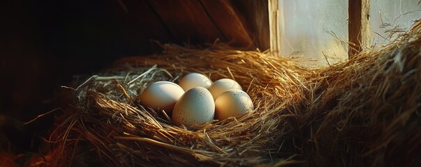 Organic eggs in a nest of straw at golden hour.
