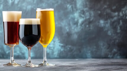 Three glasses showcasing diverse beer varieties dark, amber, and pale, set against a textured backdrop
