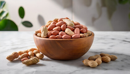 raw peanut seeds in a wooden bowl on a marble countertop dried peeled groundnut as healhy vegetarian snack whole organic monkey nut for dietary nutrition arachis hypogaea fruits