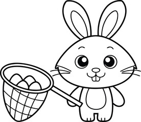 Cartoon Easter Bunny with Eggs in Net Outline on Transparent Background
