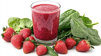 Woman preparing a delicious smoothie with strawberries and spinach, isolated on white background