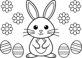 Cute Standing Easter Bunny with Eggs and Floral Elements Outline in Black on White