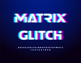 Vector icon Matrix Glitch. Bright Futuristic style Font. Digital Error Alphabet Letters and Numbers set.