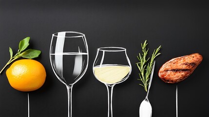 Grilled chicken, citrus fruit, wine glasses, and herbs on a dark background