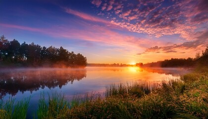 Obraz premium expansive tranquil lake at sunrise with mist and vibrant sky colors