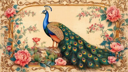 Decorative Moroccan Garden with peacock, Mughal wedding decoration peacock in garden in ornate frame.