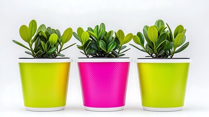 Obraz premium Three vibrant potted plants in colorful containers against a white backdrop